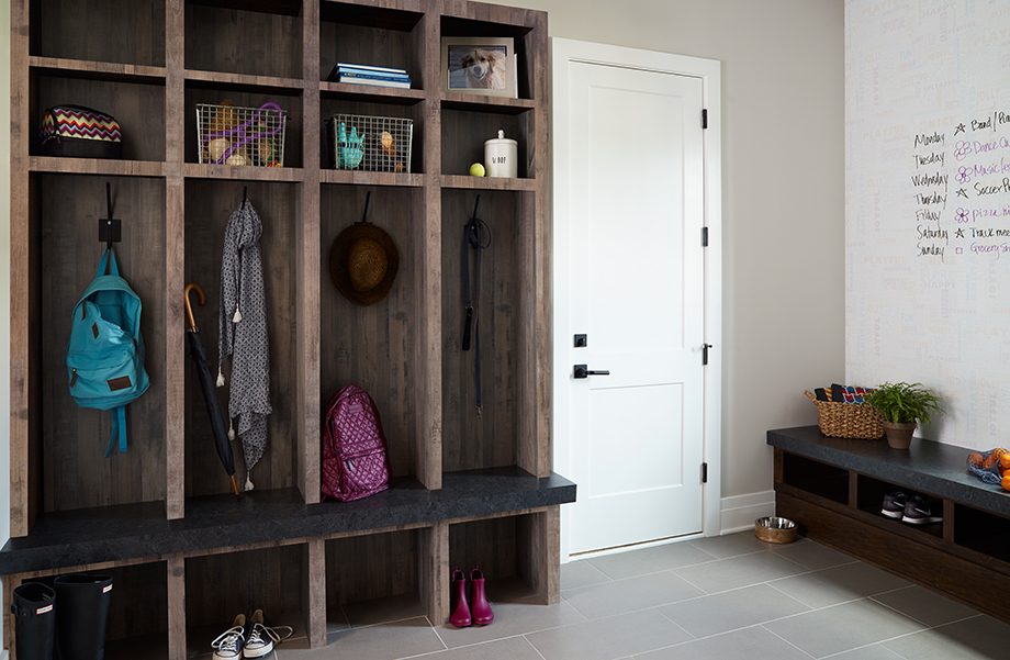 Mudroom wardrobe made with HPL Formica® laminate 9527-34 Black Shalestone 6477-NG Seasoned Planked Elm, white markerboard Formica® Writable Surface 9541-90 Happy Words